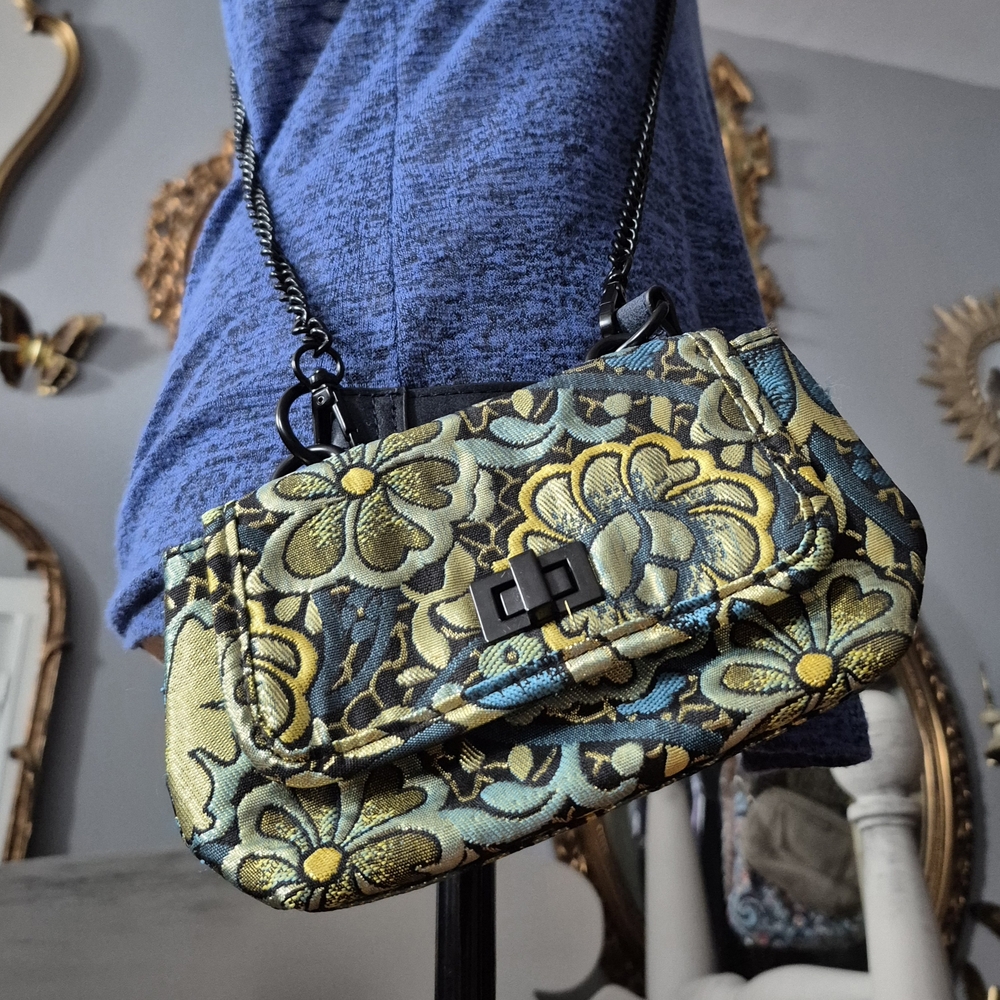 Steve Madden Black and Gold 70s Vibe Floral Mini Bag with Chain Strap